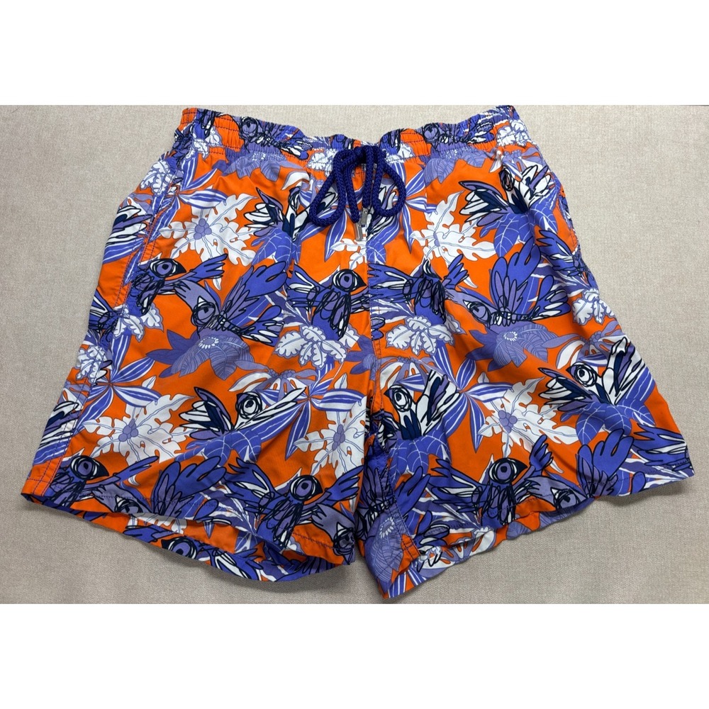 Vilebrequin Swim Trunks Kids Boys L Blue Orange Tropical Bird Lined Shorts